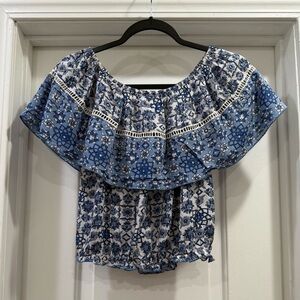 Miss June Paris Embellished On/Off Shoulder Blouse Blue & White Floral Size S